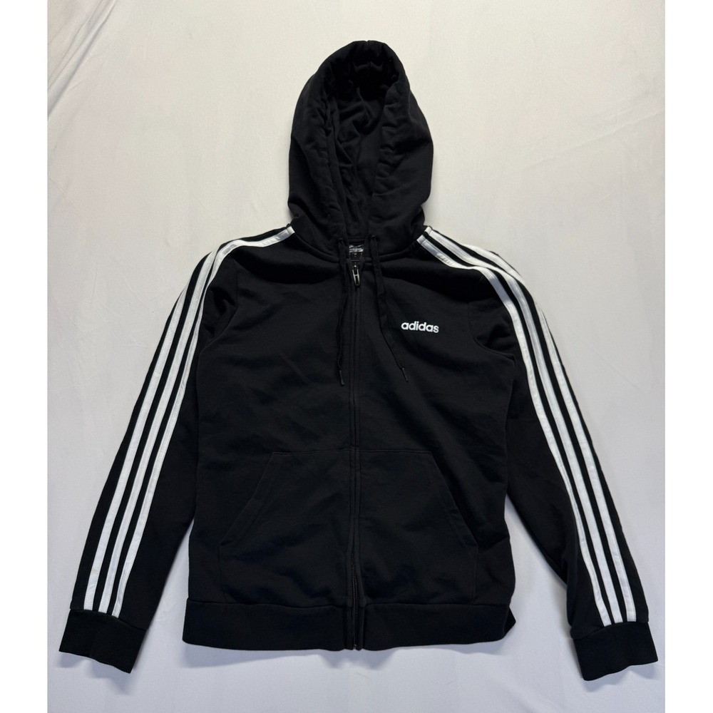 Adidas Essentials Hoodie Womens Medium Black White 3 Stripes Full Zip Athleisure